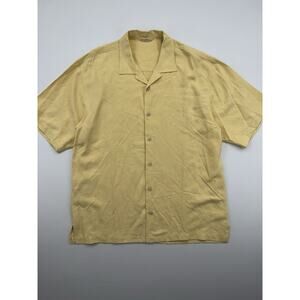 Tommy Bahama Silk Shirt Men L Yellow Camp Collar Short Sleeve Button Front